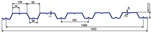 Строительный профнастил НС-44 оцинкованный 1052 (раб.1000) мм